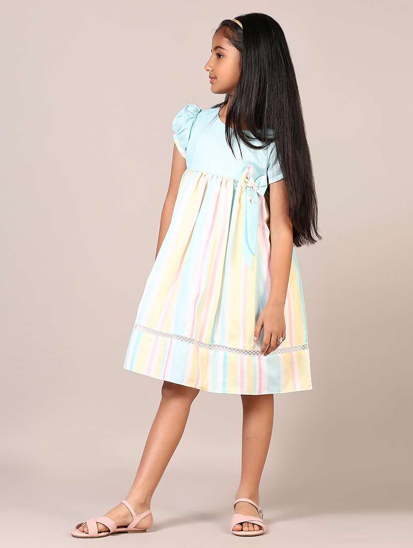 Girls Striped Puff Sleeves Frock