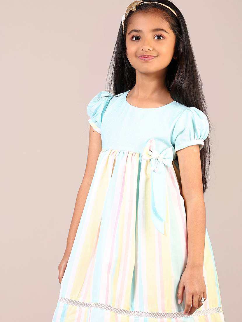 Girls Striped Puff Sleeves Frock