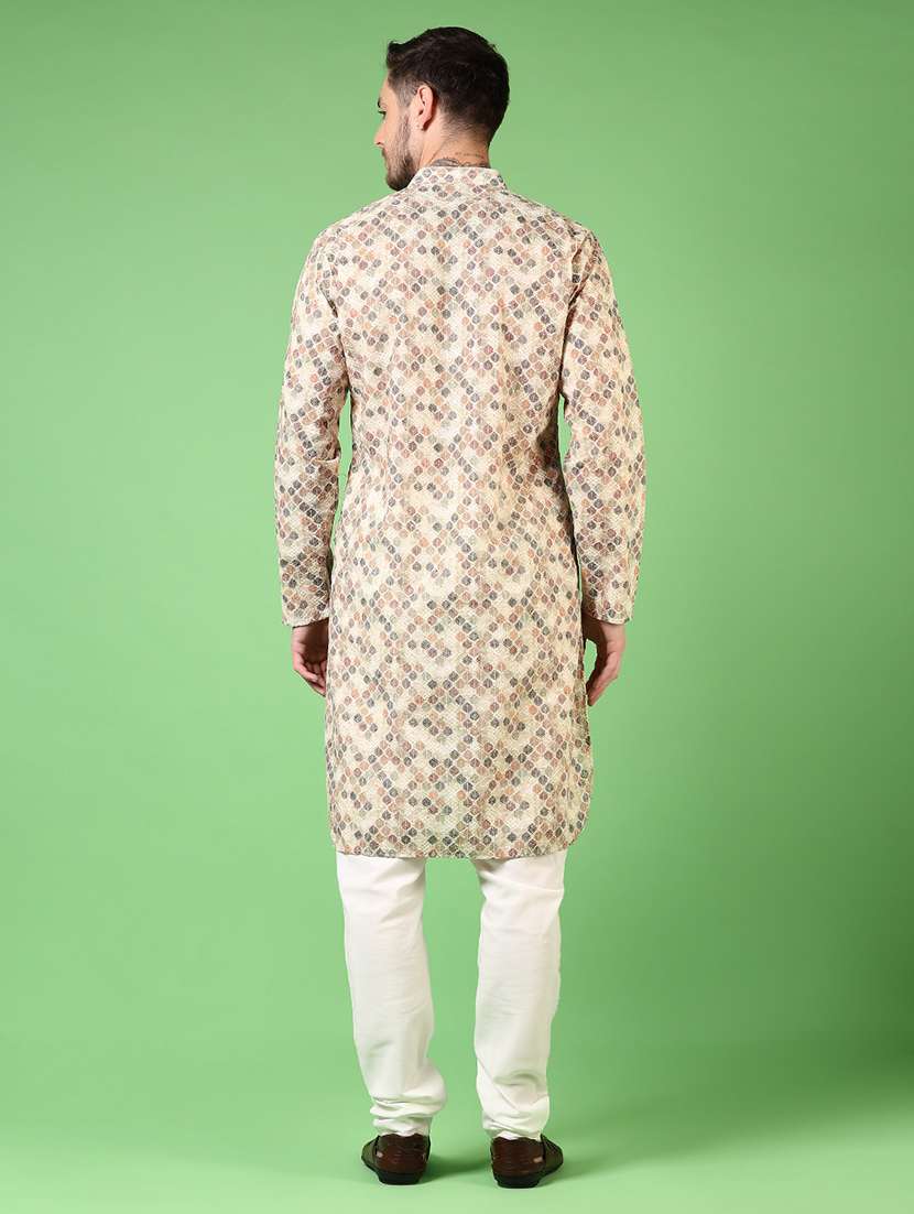Men Printed Mandarin Neck Kurta Churidar Ethnic Wear Set