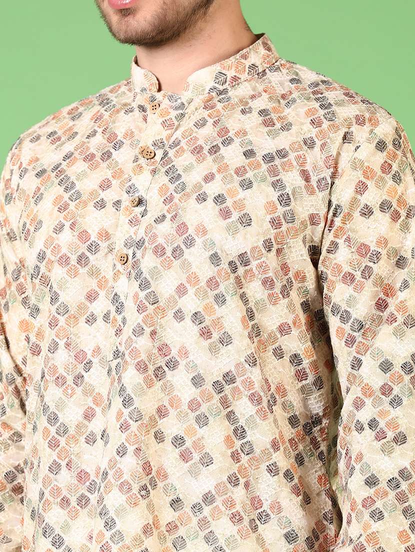 Men Printed Mandarin Neck Kurta Churidar Ethnic Wear Set