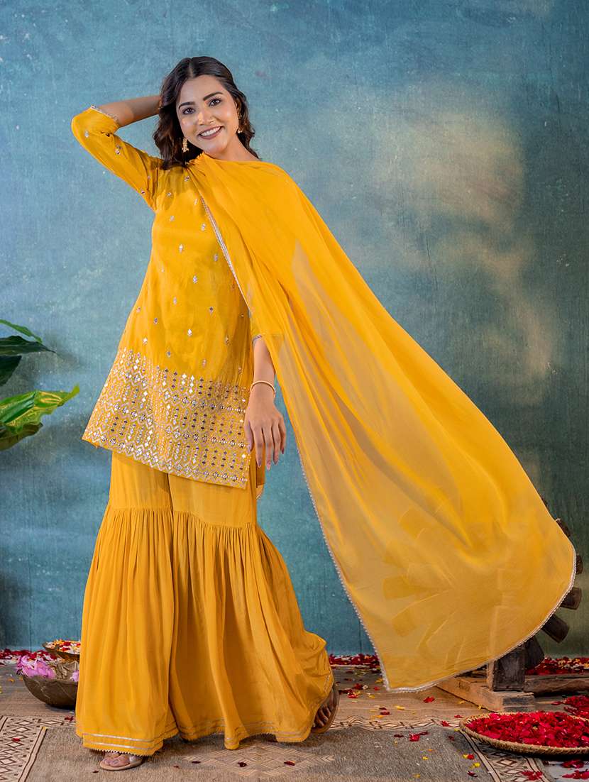 Women Mustard Round Neck Kurta Sharara Set