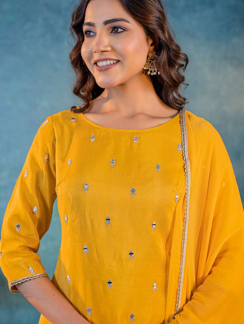 Women Mustard Round Neck Kurta Sharara Set