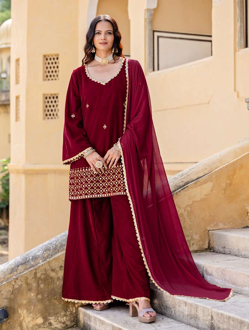 Women Burgundy Flared Sleeve Kurta Sharara Set