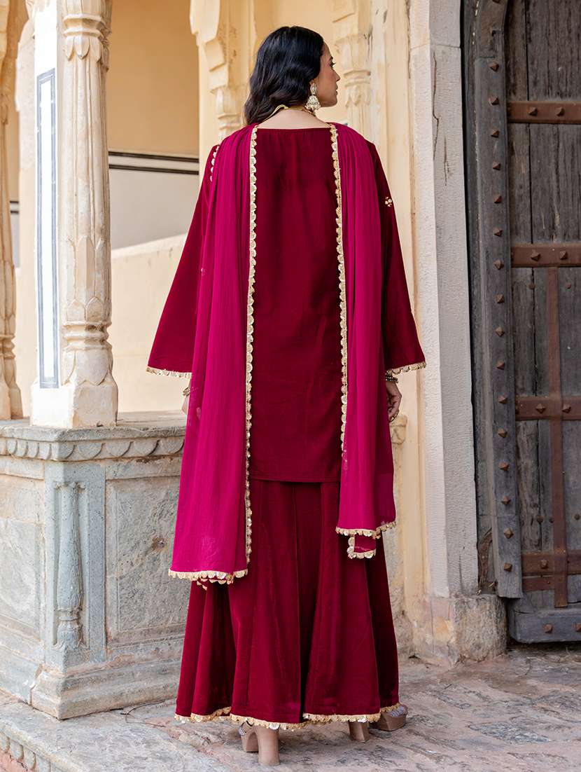 Women Burgundy Flared Sleeve Kurta Sharara Set