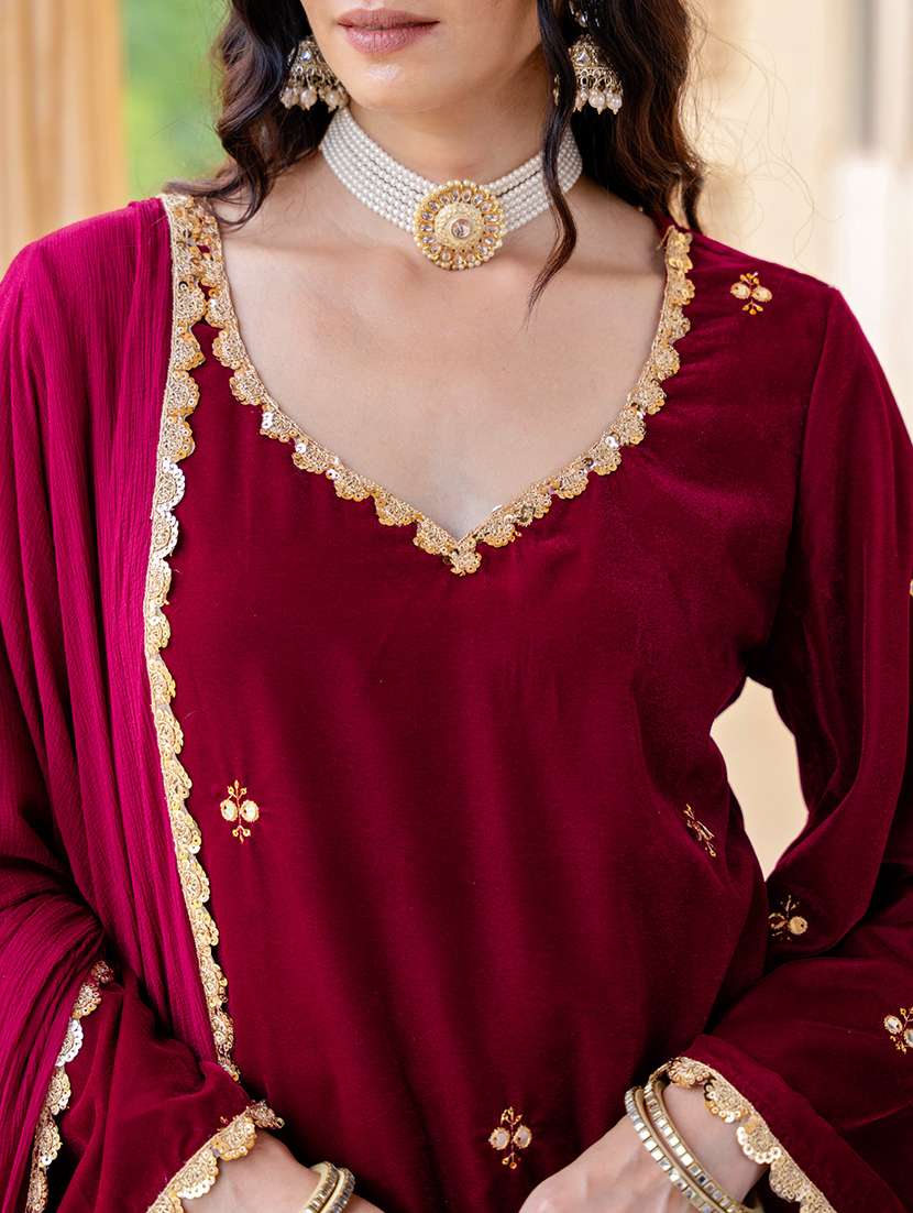 Women Burgundy Flared Sleeve Kurta Sharara Set