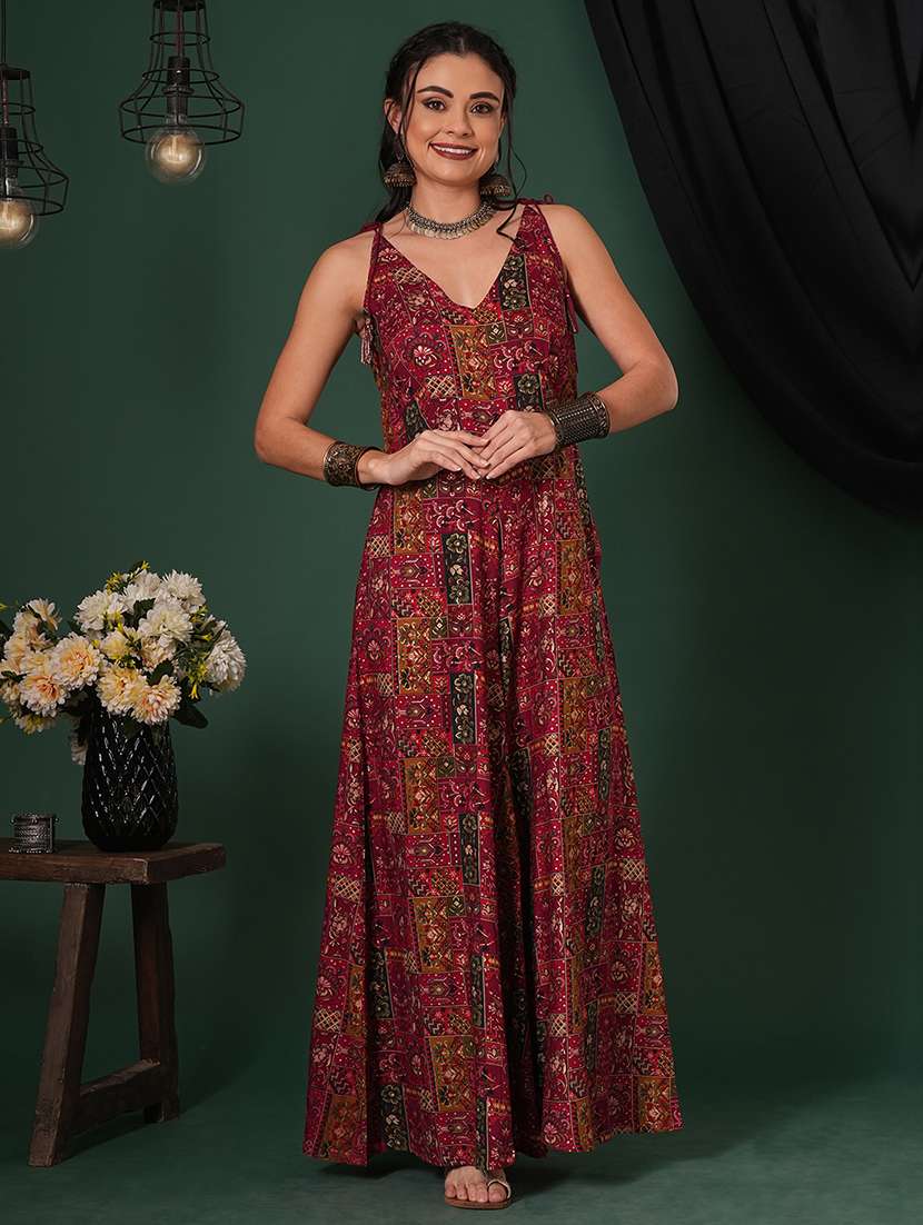 Globus Women Maroon V Neck Tassel Tie Up Shoulder Straps Ethnic Floral Print Flared Fusion Jumpsuit