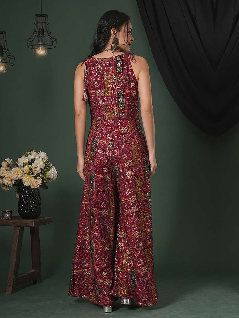Globus Women Maroon V Neck Tassel Tie Up Shoulder Straps Ethnic Floral Print Flared Fusion Jumpsuit