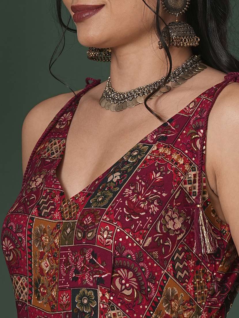 Globus Women Maroon V Neck Tassel Tie Up Shoulder Straps Ethnic Floral Print Flared Fusion Jumpsuit