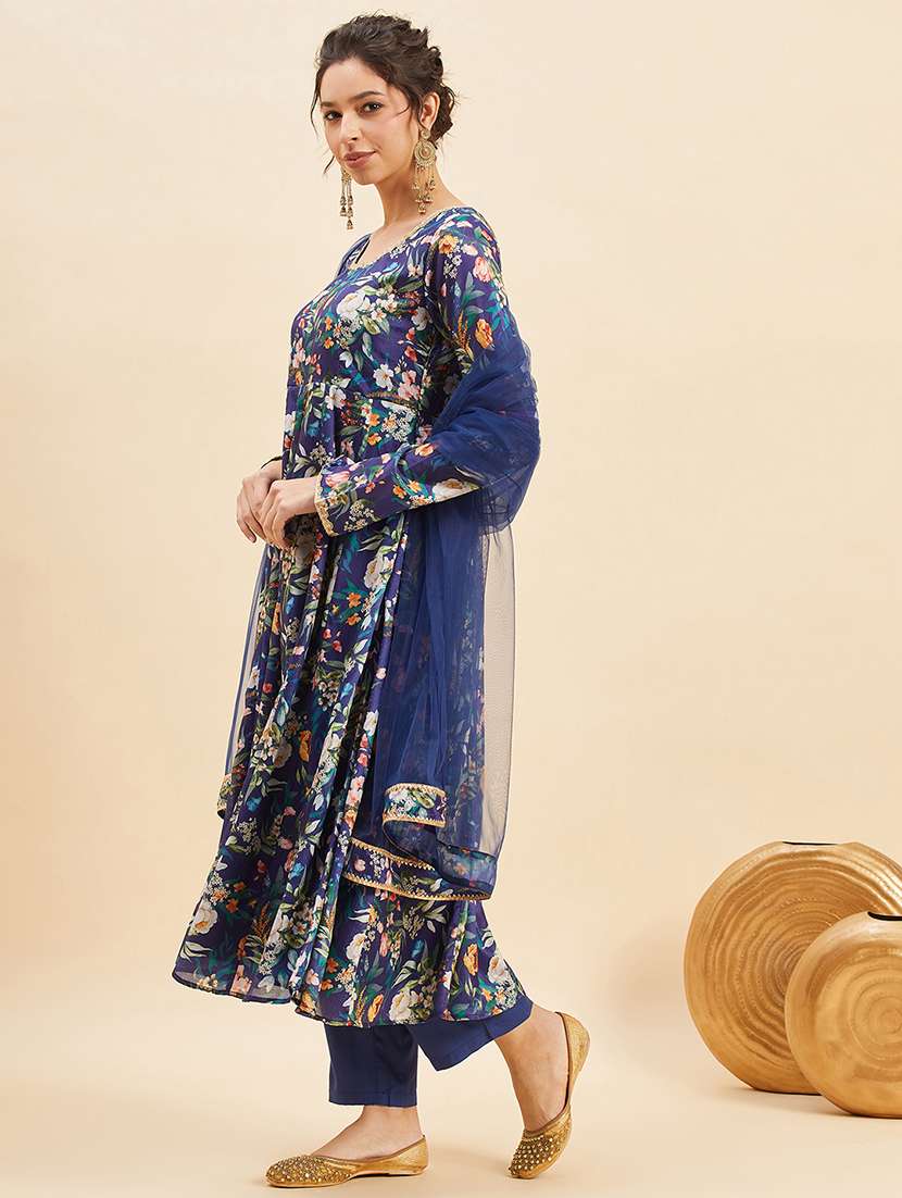 Women Navy Blue Long Sleeve Anarkali Kurta Pant With Dupatta Set 