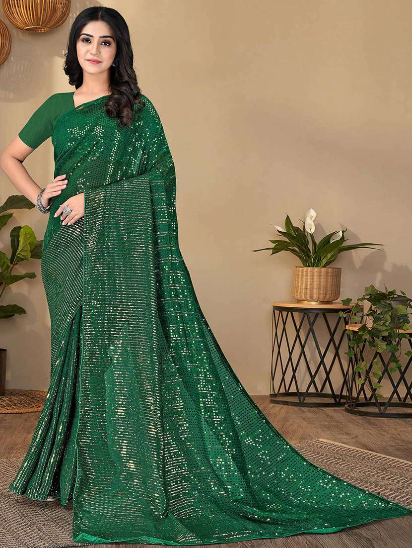 Women Green Sequin Work Saree With Blouse