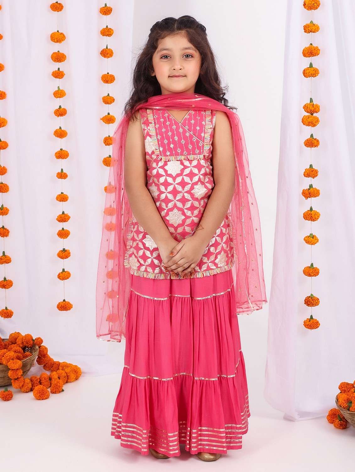 Girls Pink Self Design Lehenga Choli With Dupatta