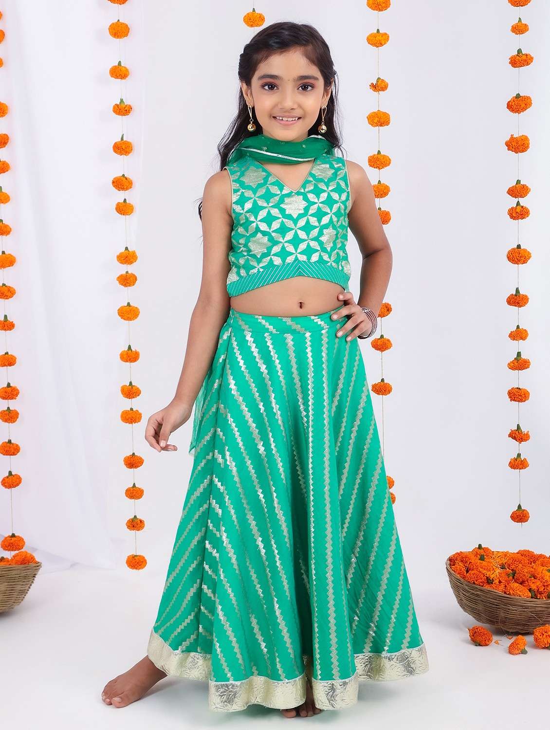 Girls Green Self Design Lehenga Choli With Dupatta