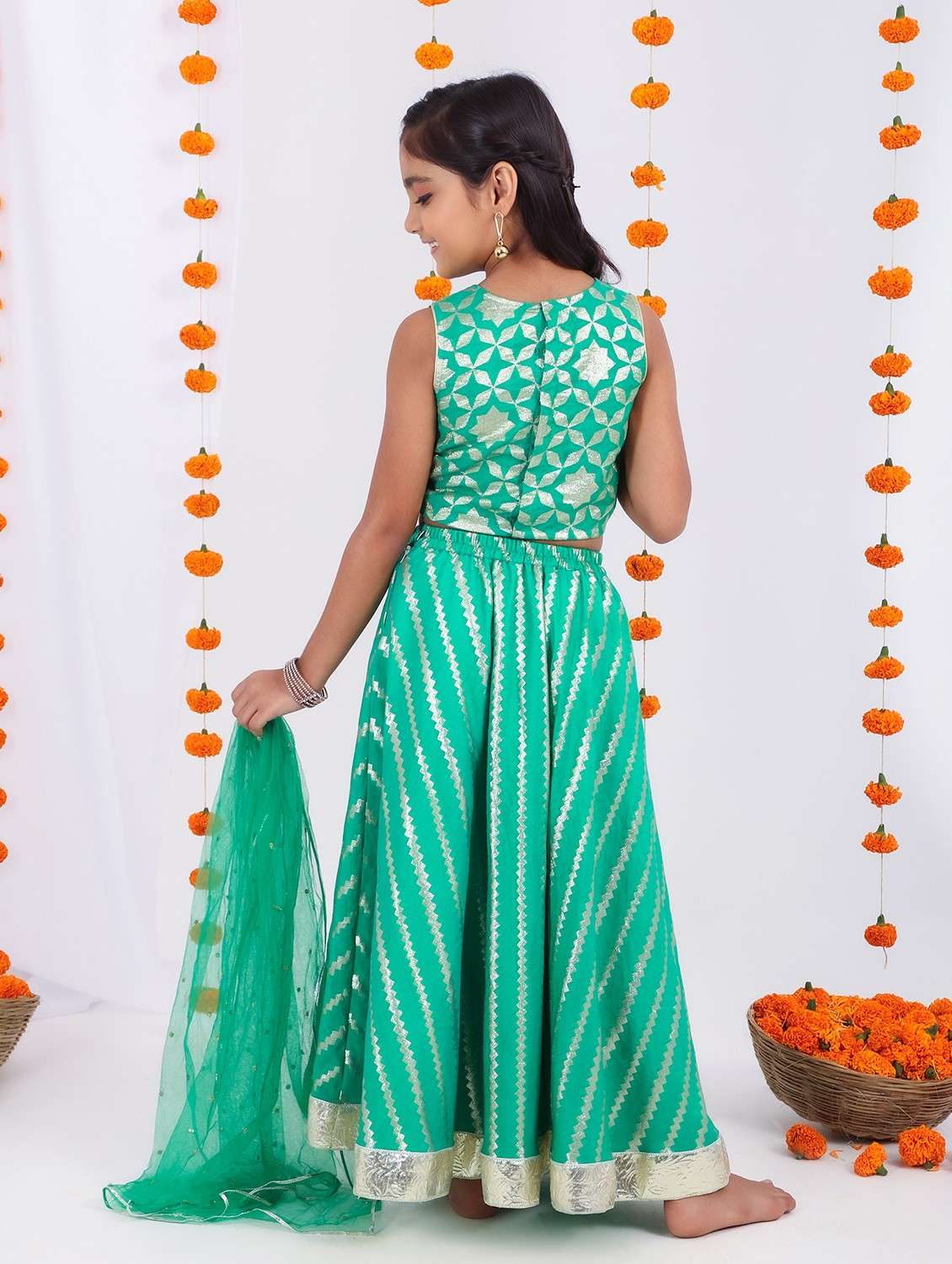 Girls Green Self Design Lehenga Choli With Dupatta