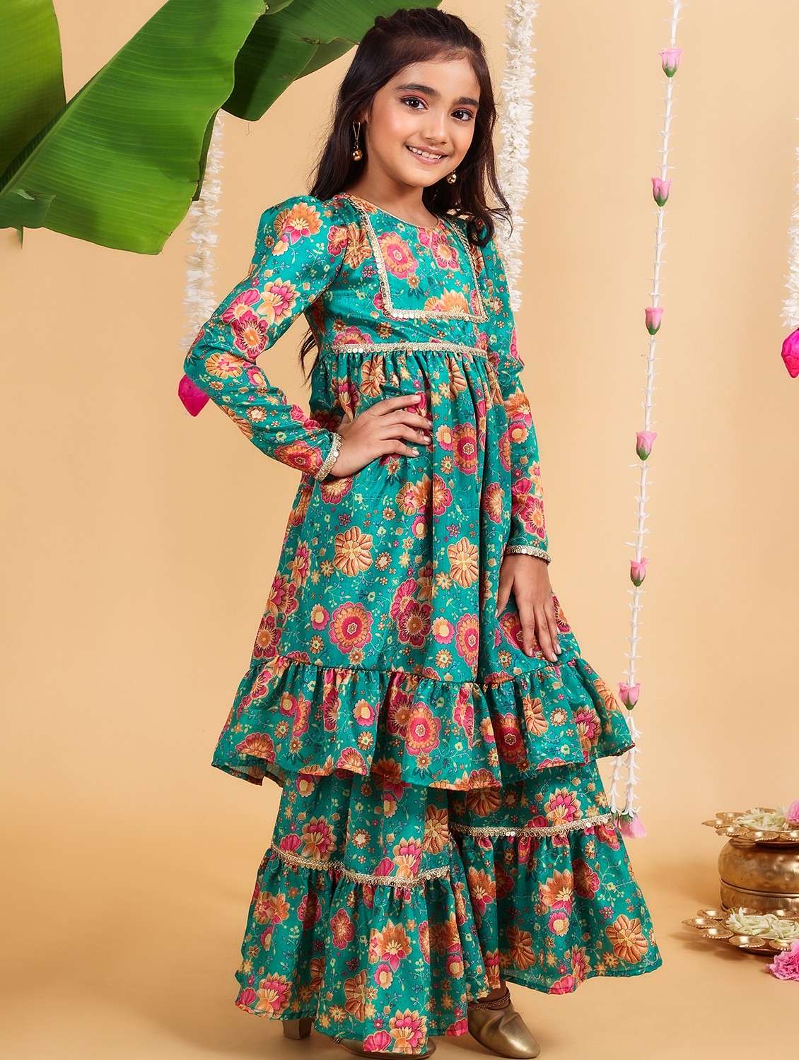 Girls Floral Round Neck Kurta Sharara Set 