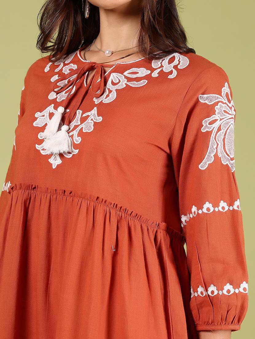 Women Embroidered Tie Up Neck Tiered Dress