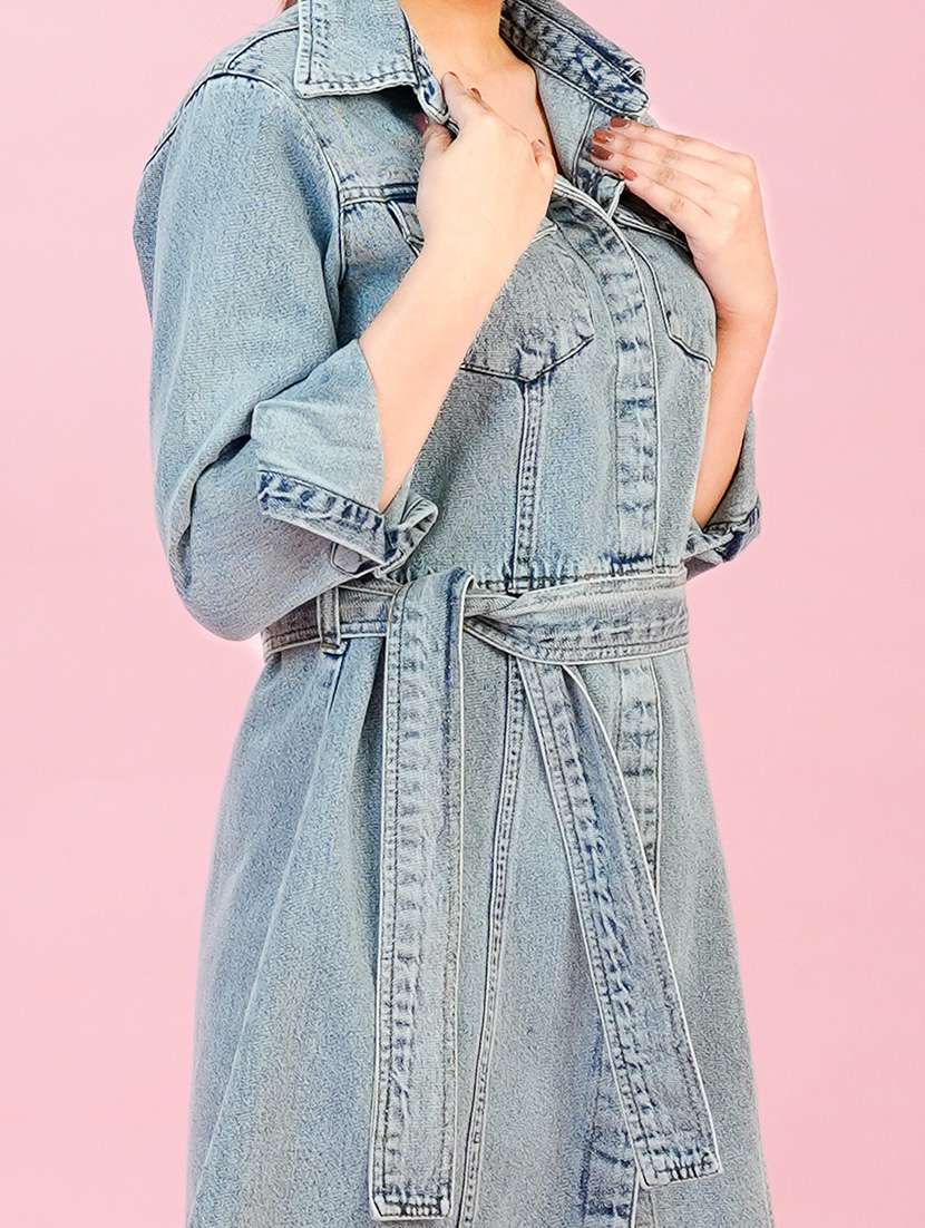 Women Solid Collared Denim A Line Dress