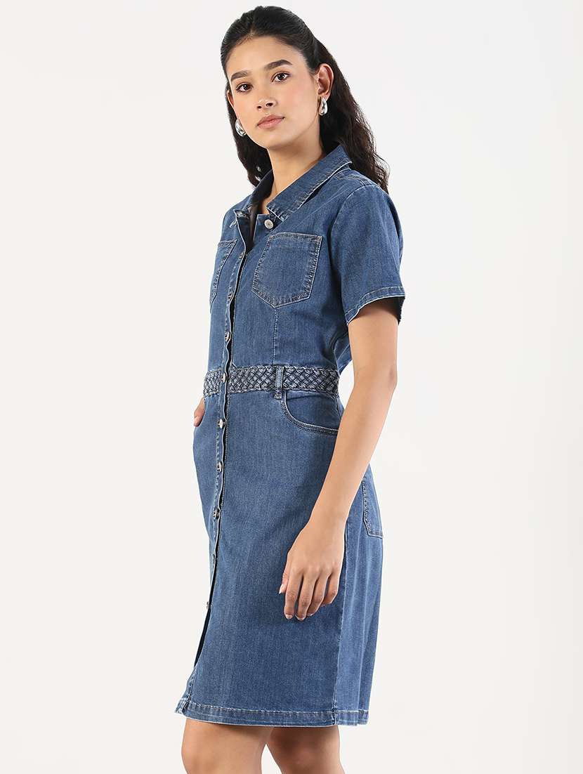 Women Solid Collared Denim Shirt Dress