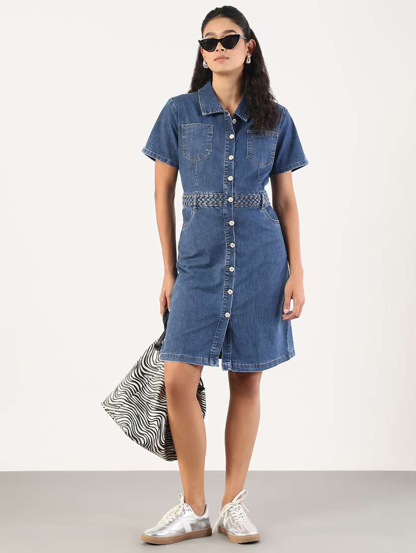 Women Solid Collared Denim Shirt Dress
