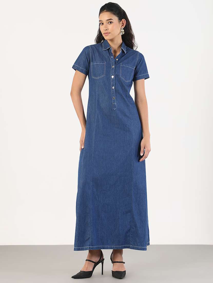 Women Solid Collared Denim A Line Dress