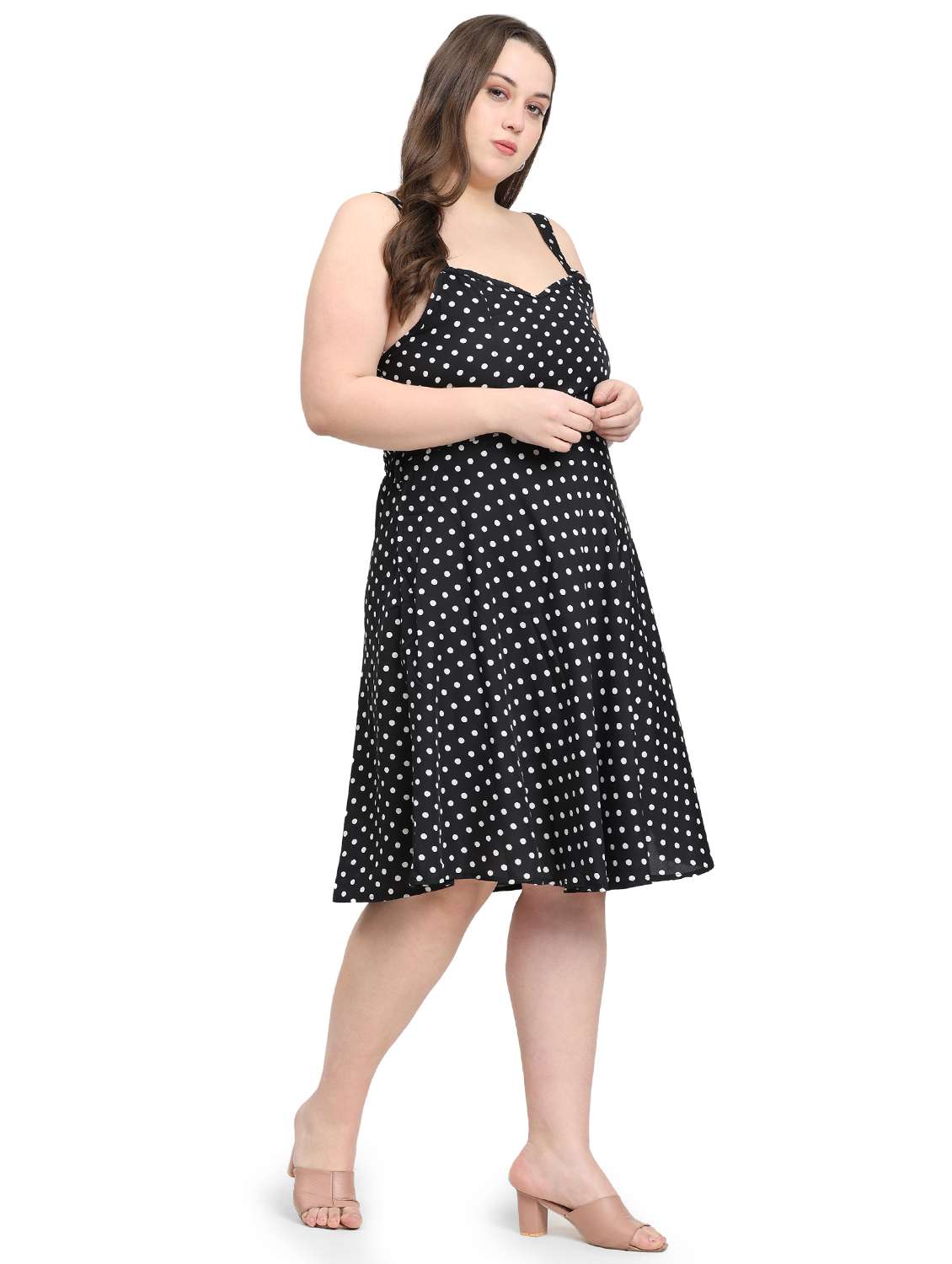 Women Plus Size Polka Doted Shoulder Strap Dress