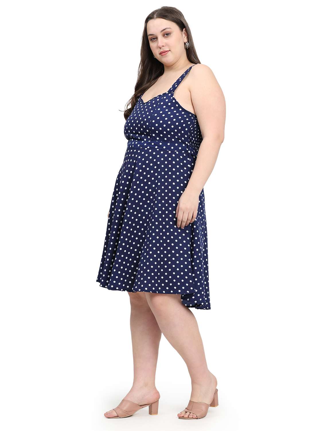 Women Plus Size Polka Doted Shoulder Strap Dress