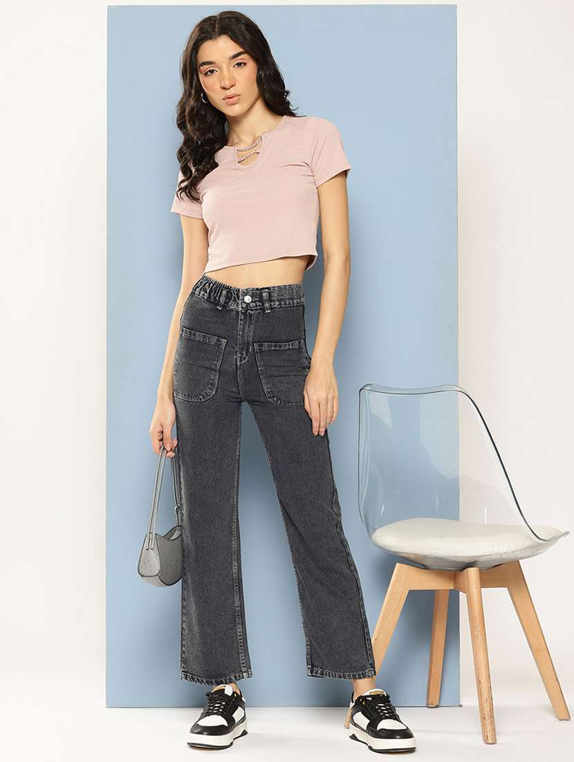 Women Solid High Rise Straight Fit Jean