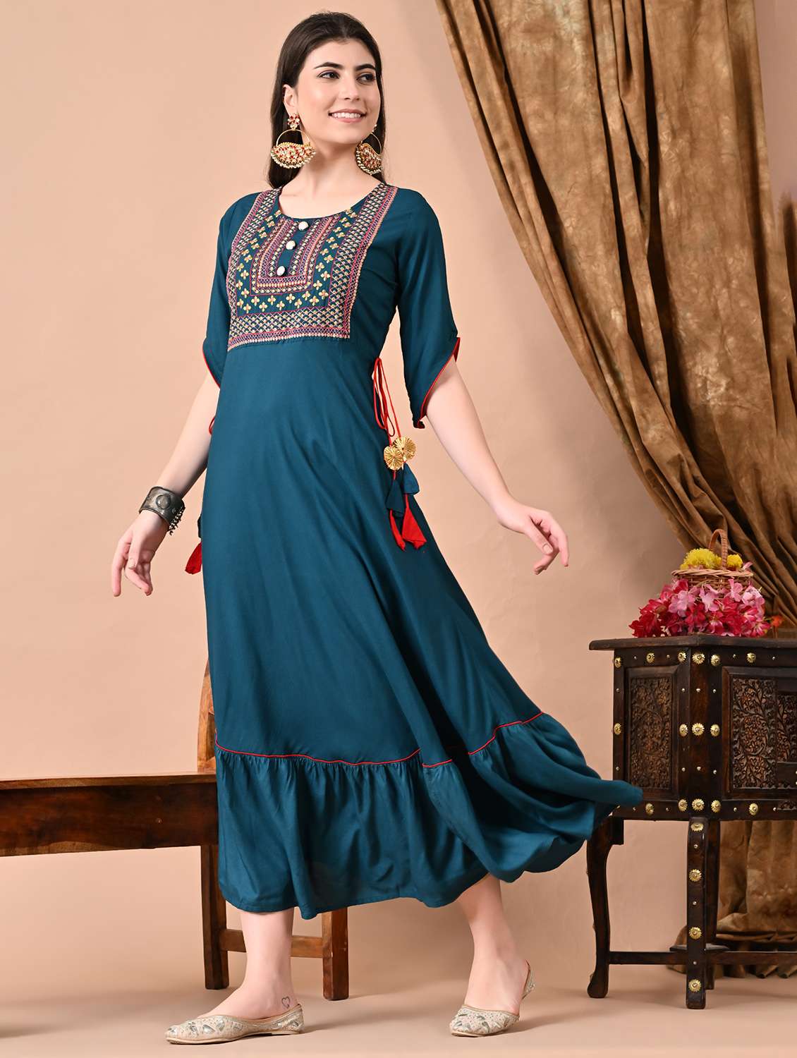 Women Embroidered Short Sleeve Tiered Ethnic Dress