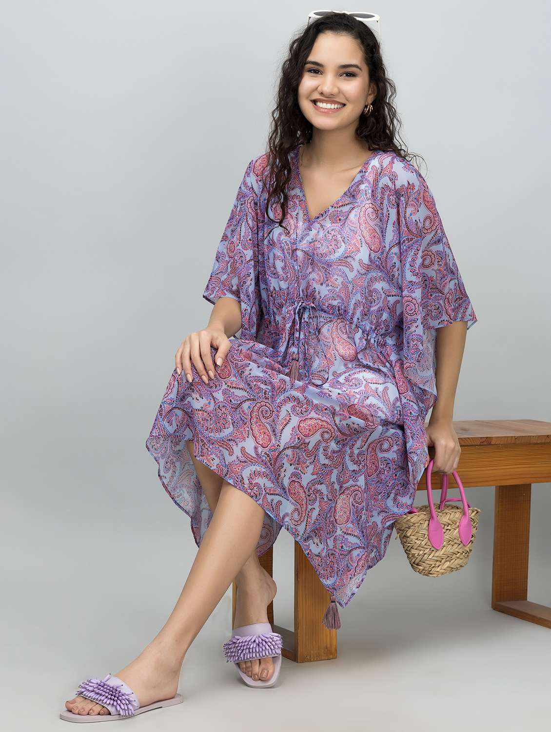 Women Printed Kimono Sleeves Kaftan Dress