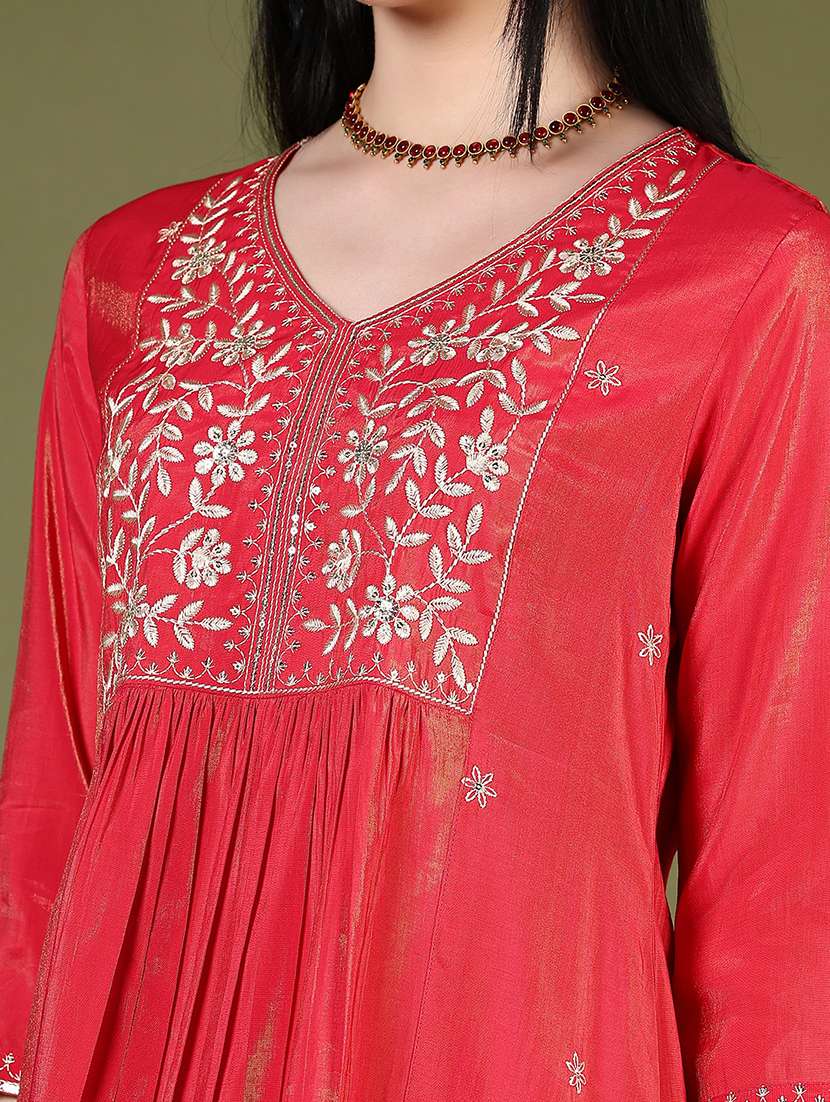 Women Embroidered V Neck Flared Kurta