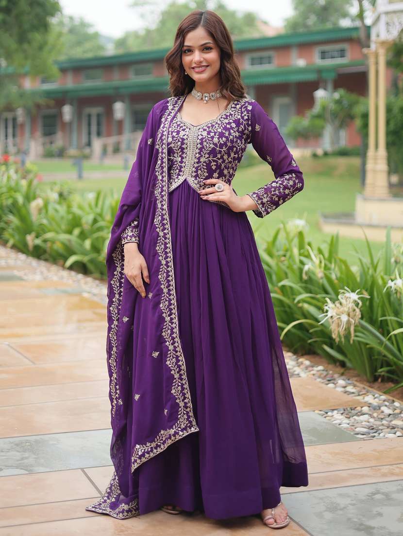 Women Embroidered Long Sleeve Anarkali Kurta Dupatta Set