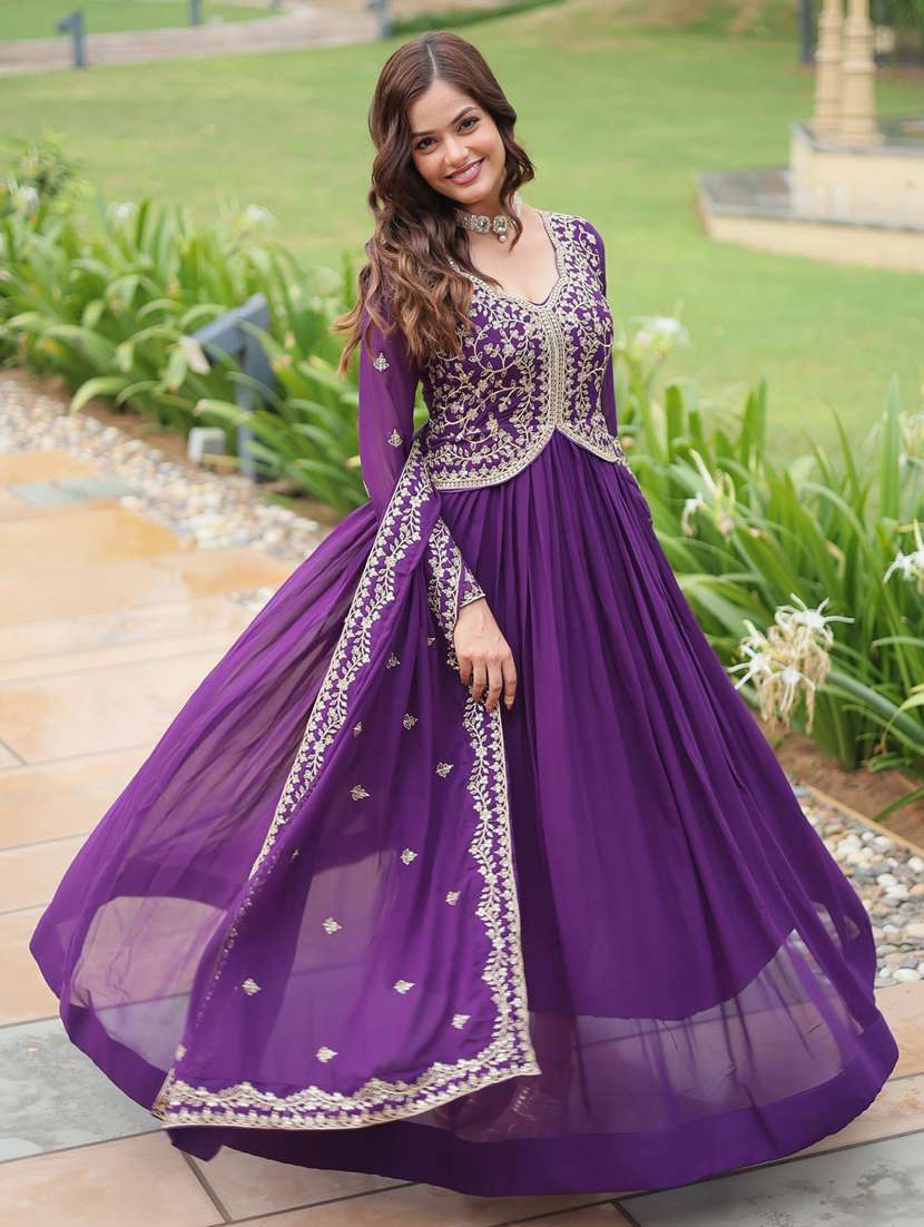Women Embroidered Long Sleeve Anarkali Kurta Dupatta Set