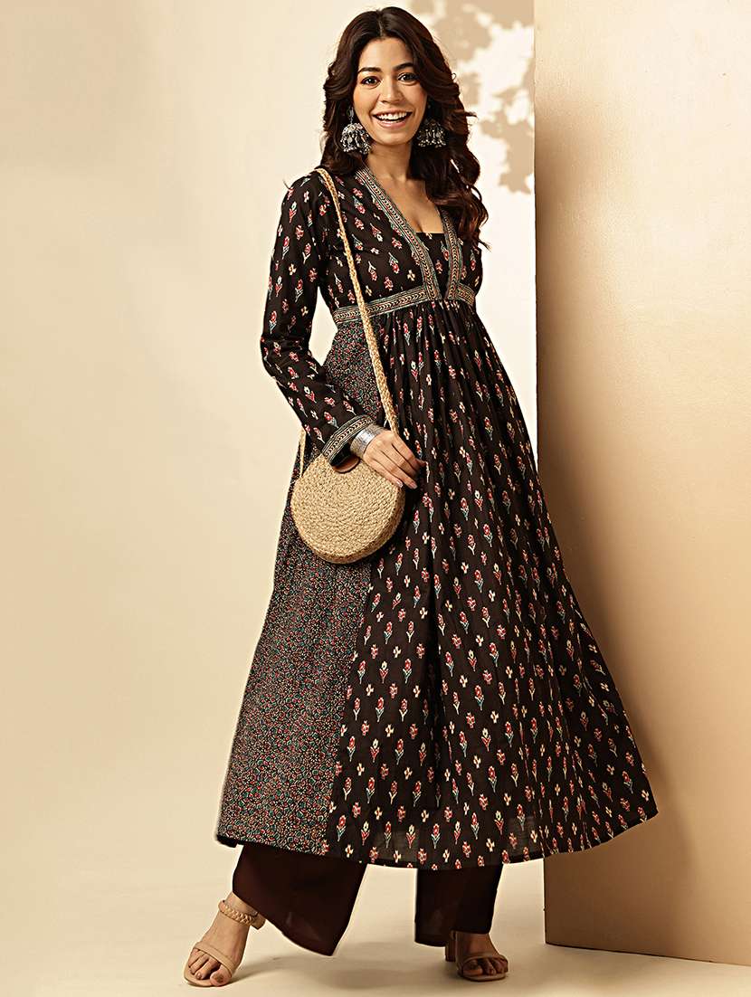 Women Printed Long Sleeve Flared Ethnic Dress
