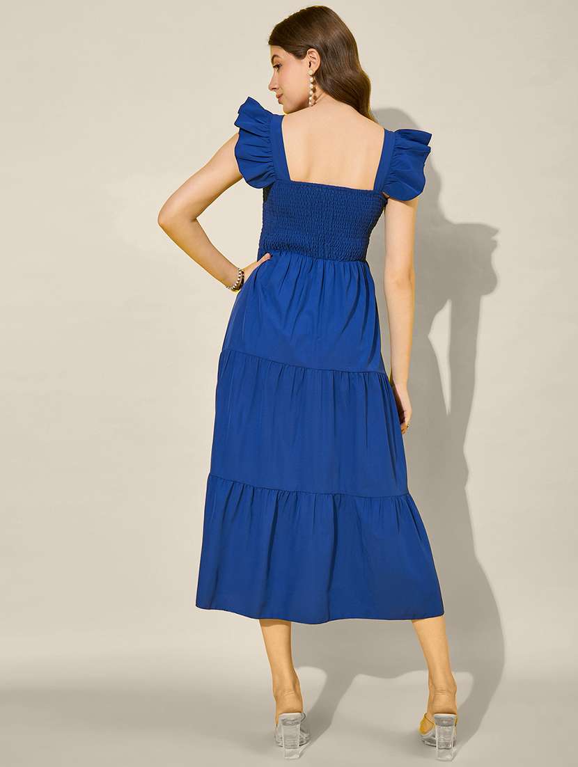Women Blue Solid Sleeveless Tiered Dress