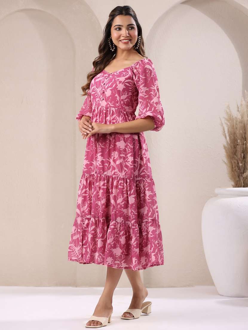 Women Floral Printed Puff Sleeves Tiered Dress 