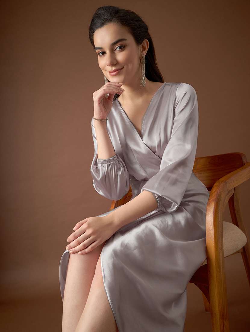 Women Solid Puff Sleeves Wrap Dress