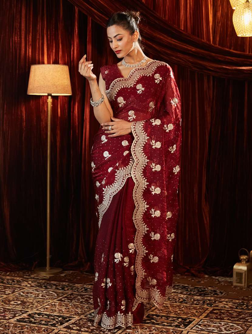 Women Solid With Work Embroidered Saree With Blouse