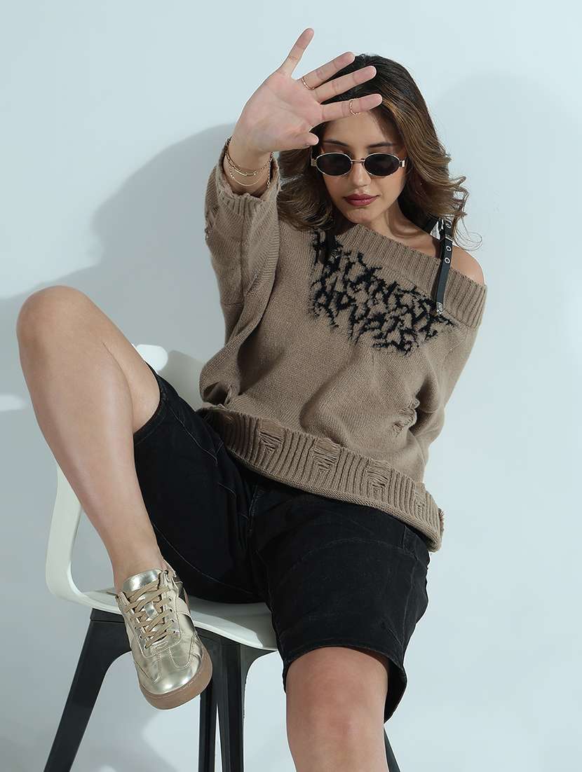 Wome Printed Off Shoulder Ripped Pullover