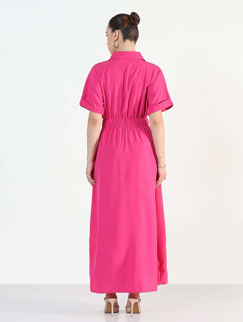 Women Pink Solid Collared Maxi A Line Dress