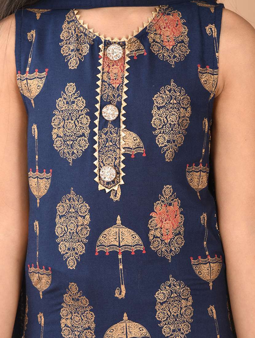 Girls Printed Sleeveless Kurta And Sharara With Dupatta 