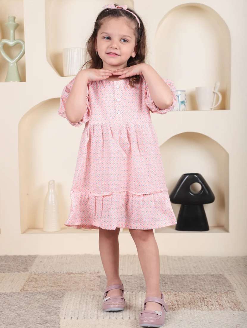 Kids Pink Printed Round Neck Frock