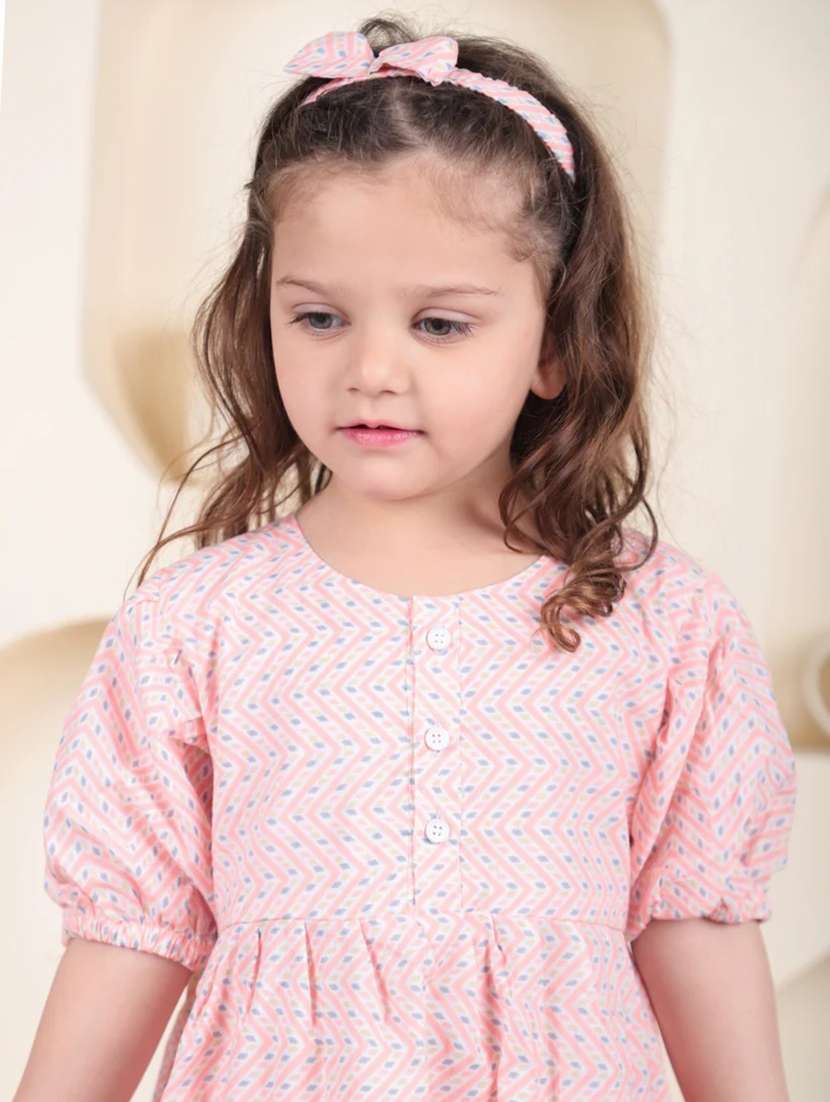 Kids Pink Printed Round Neck Frock