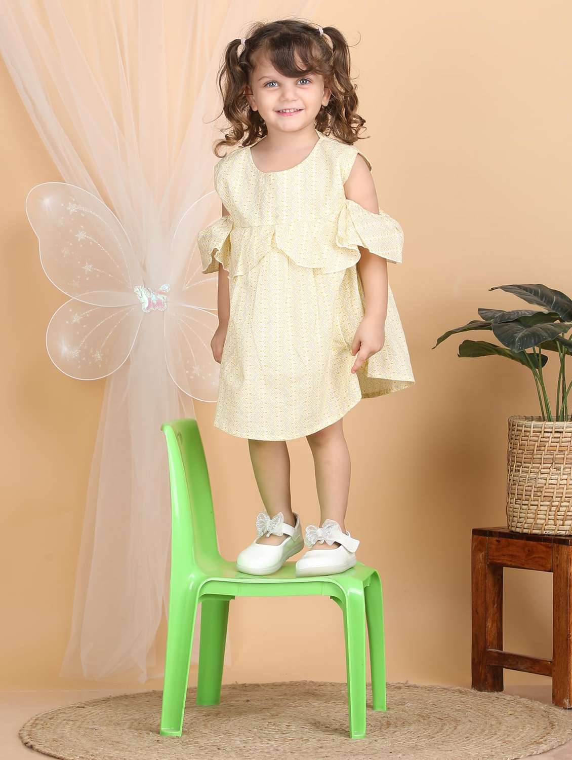 Kids Yellow Printed Round Neck Frock