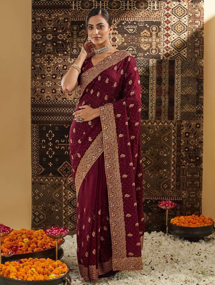 Women Solid With Work Embroidered Saree With Blouse