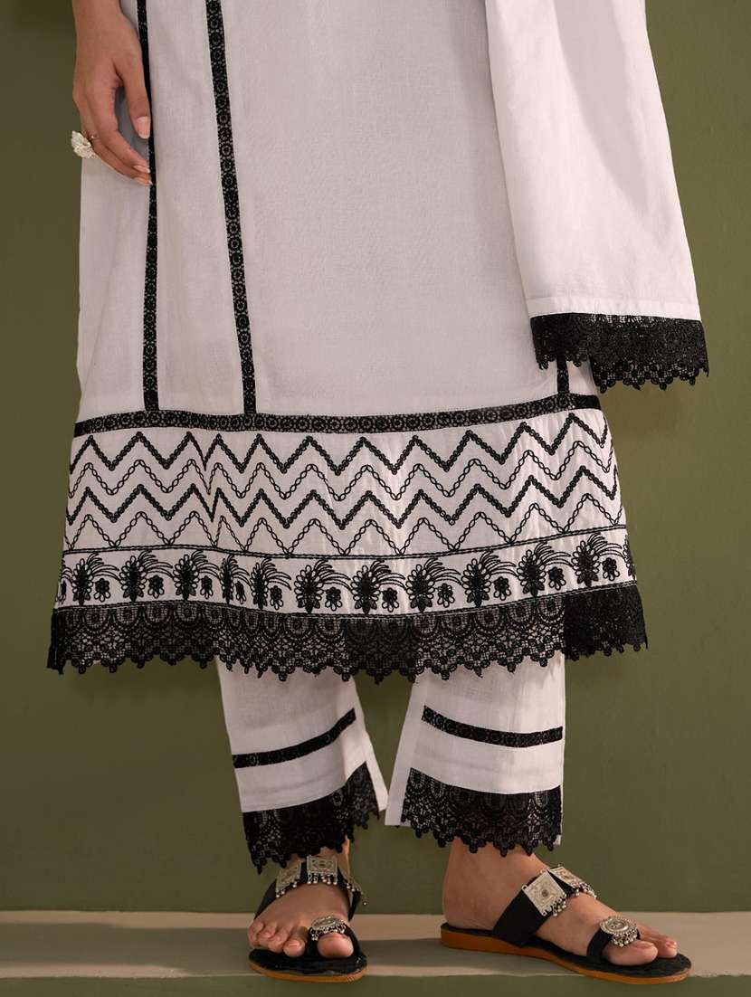Women White Long Sleeve Kurta Palazzo With Dupatta Set