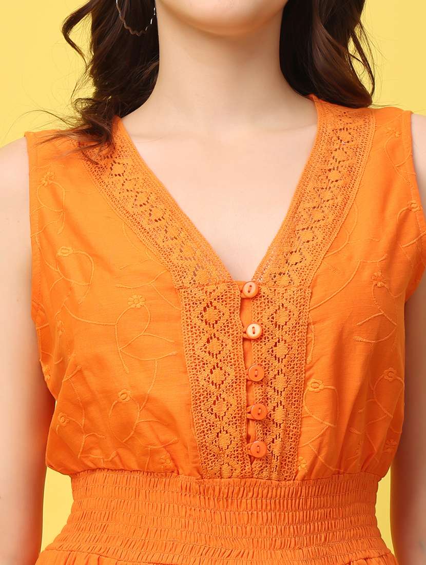 Women Orange Solid Sleeveless Lace Detailed Tiered Dress 