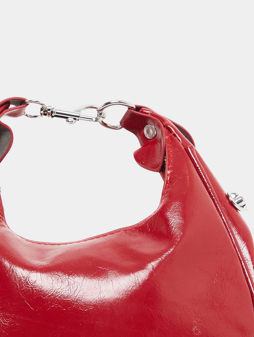 Red Lock Detail Shoulder Baguette Handbag