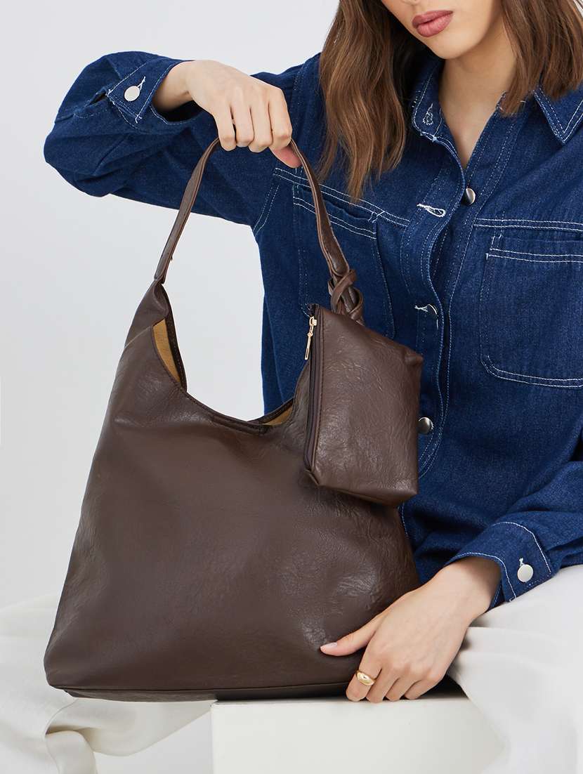 Brown Textured Pu Shoulder Bag With Pouch