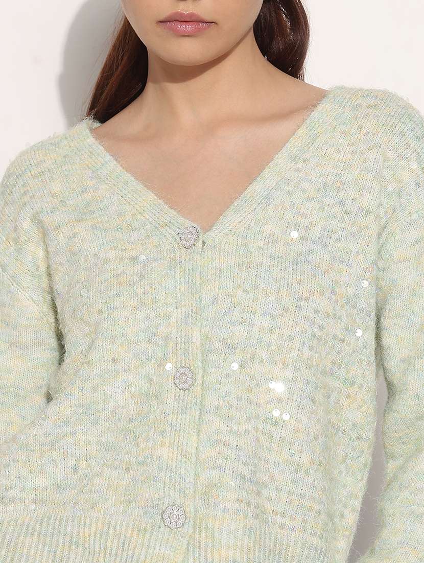 Women Embellished Long Sleeve Crop Cardigan