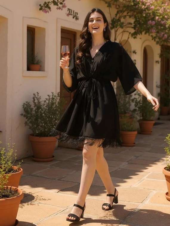 Women Black Solid Batwing Sleeve Fit & Flare Dress