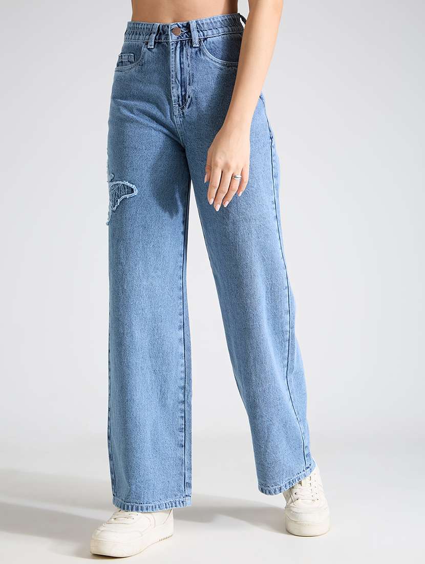 Women Light Blue High Rise Wide Leg Jeans